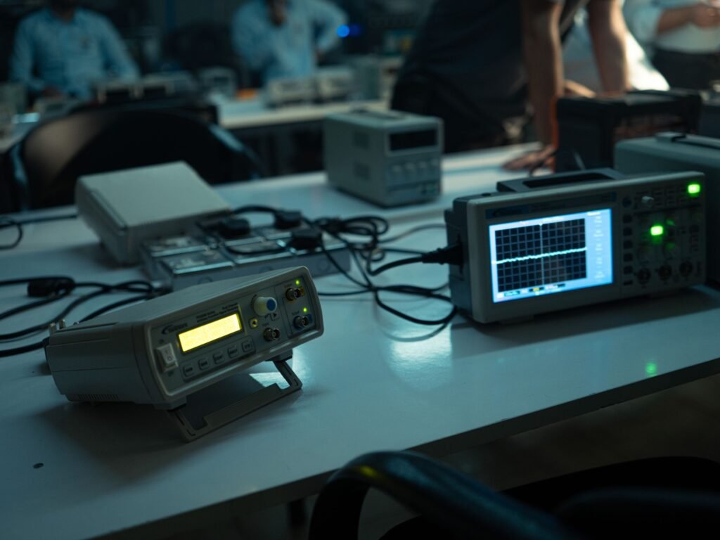 Electronics lab with oscilloscopes