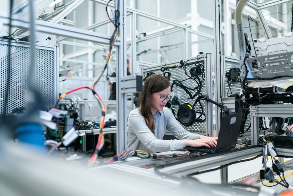 Engineer working at her workspace