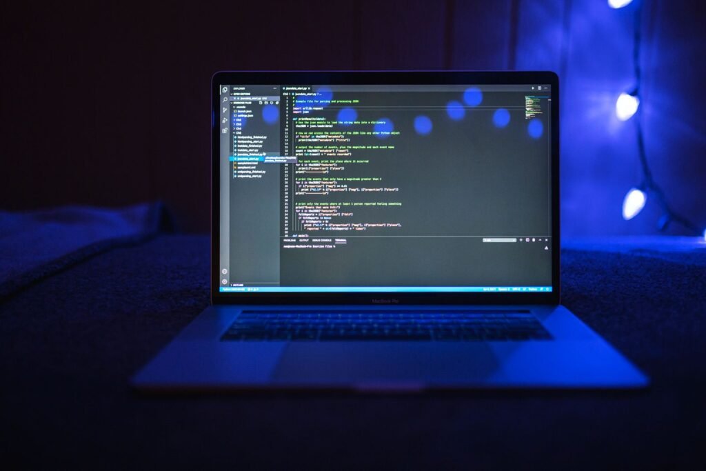 Programming code on laptop screen